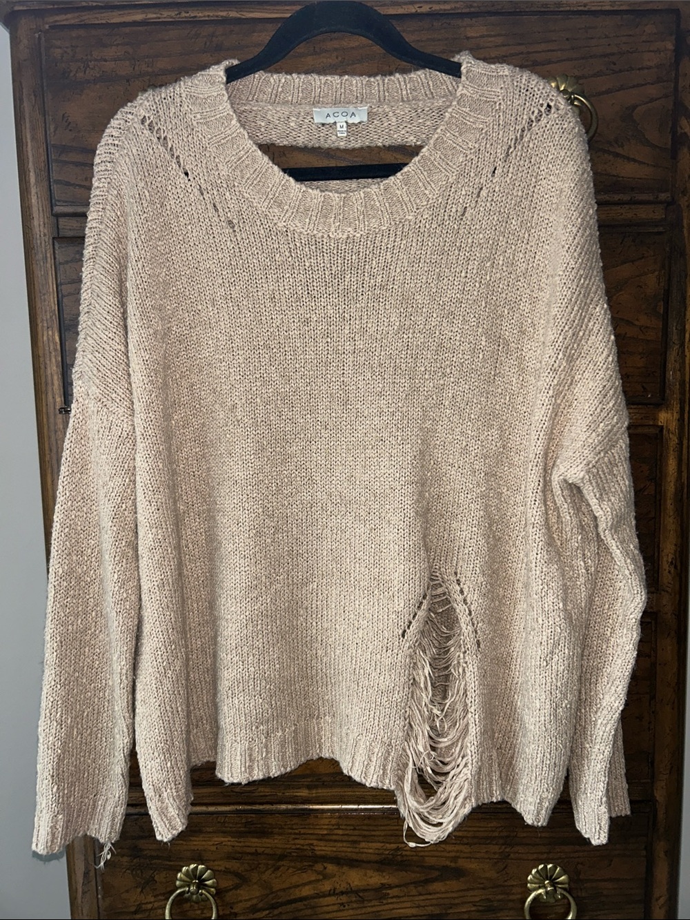 ACOA Tan Distressed Boxy Crewneck Knit Sweater, Size M